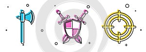 Set Medieval axe, Medieval shield with crossed swords and Target sport icon. Vector