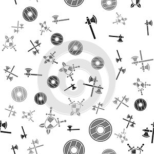 Set Medieval axe, Round wooden shield, Crossed medieval axes and Medieval shield with crossed swords on seamless pattern