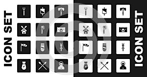 Set Medieval axe, Windmill, Garden pitchfork, castle gate, flag, Torch flame and icon. Vector