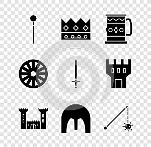Set Medieval chained mace ball, King crown, Wooden mug, Castle, iron helmet, Old wooden wheel and sword icon. Vector