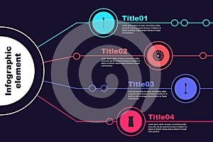 Set Medieval chained mace ball, Old wooden wheel, Torch flame and Castle tower. Business infographic template. Vector