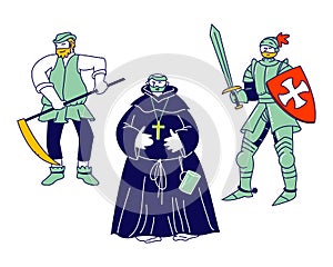 Set of Medieval Characters Peasant, Fat Monk, Knight Wearing Armor and Sword Brave Warrior Crusader Isolated