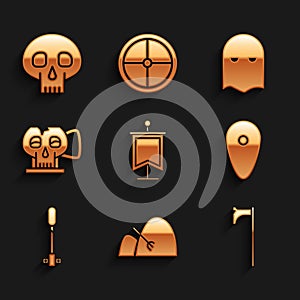 Set Medieval flag, Bale of hay and rake, axe, Shield, Torch flame, Cup from the skull, Executioner mask and Skull icon