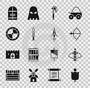 Set Medieval flag, Battle crossbow with arrow, and, axe, sword, Round wooden shield, castle gate and Dagger icon. Vector