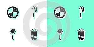 Set Medieval flag, Round wooden shield, chained mace ball and axe icon. Vector