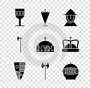 Set Medieval goblet, flag, iron helmet, Shield, axe, halberd and King crown icon. Vector