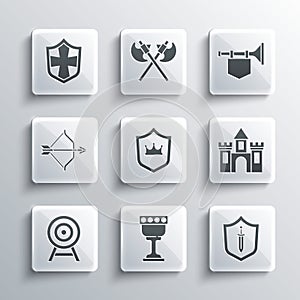 Set Medieval goblet, shield with sword, Castle, fortress, Shield crown, Target arrow, bow and, and Trumpet flag icon