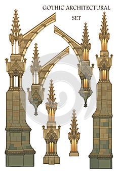 Set of the medieval gothic architectural elements. Flying buttresses, ornate towers.