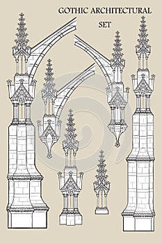 Set of the medieval gothic architectural elements. Flying buttresses, ornate towers.