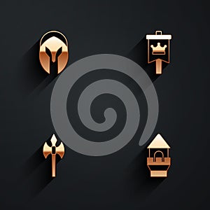 Set Medieval helmet, flag, axe and Castle tower icon with long shadow. Vector