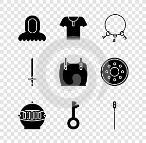 Set Medieval hood, Body armor, Old keys, iron helmet, chained mace ball, sword and icon. Vector