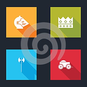 Set Medieval iron helmet, King crown, axe and Wooden four-wheel cart icon. Vector