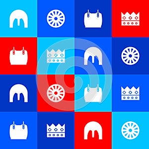 Set Medieval iron helmet, Old wooden wheel, Body armor and King crown icon. Vector
