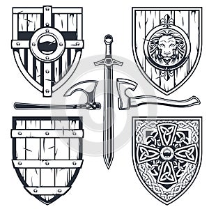 Set of medieval shields with celtic pattern and ornaments, knight armor, chivalry shields