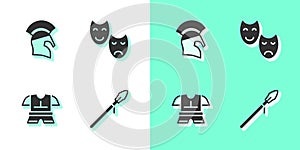 Set Medieval spear, Greek helmet, Body armor and Comedy and tragedy masks icon. Vector