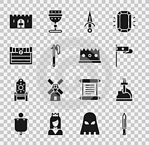 Set Medieval sword, Sword in the stone, flag, Dagger, axe, Antique treasure chest, castle gate and King crown icon