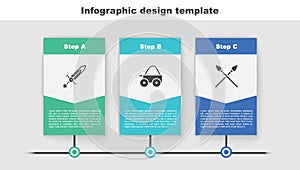 Set Medieval sword, Wooden four-wheel cart and Crossed medieval spears. Business infographic template. Vector