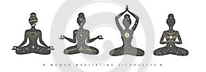 Set of meditating woman silhouettes with outer space, universe, sun, moon, stars and planets inside.