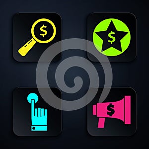 Set Megaphone and dollar, Magnifying glass and dollar, Hand touch and tap gesture and Star and dollar. Black square