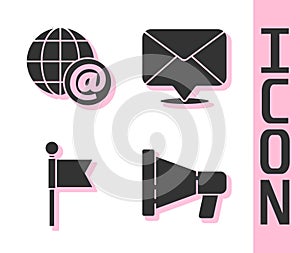 Set Megaphone, Earth globe with mail, Location marker and Envelope icon. Vector