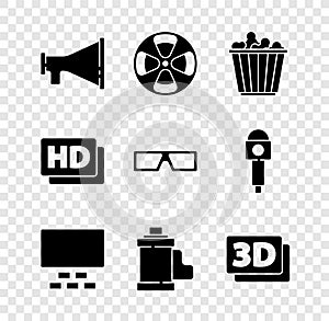 Set Megaphone, Film reel, Popcorn in box, Cinema auditorium with seats, Camera film roll cartridge, 3D word, Hd movie