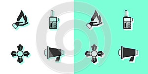 Set Megaphone, Hand holding fire, Firefighter and Walkie talkie icon. Vector