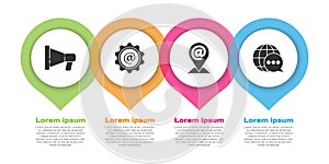 Set Megaphone, Mail and e-mail, Location and mail and e-mail and World map made from speech bubble. Business infographic