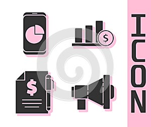 Set Megaphone, Mobile phone with graph chart, Contract money and pen and Pie chart infographic and dollar icon. Vector