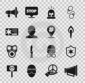 Set Megaphone, Police badge, Torch flame, Flasher siren, Vandal, and Protest icon. Vector
