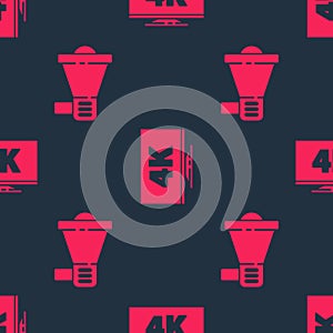Set Megaphone and Screen tv with 4k on seamless pattern. Vector