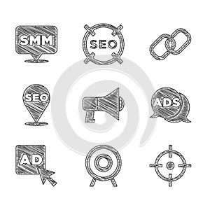 Set Megaphone, Target sport, Advertising, SEO optimization, Chain link and Social media marketing icon. Vector