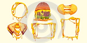 Set of melted cheese frames, burger and sandwich