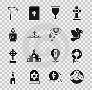Set Memorial wreath, Dove, Christian chalice, Holy bible book, Burning candle, Scythe and Tear cry eye icon. Vector