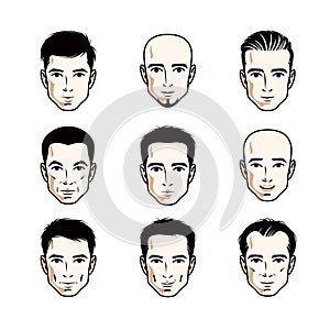 Set of men faces, human heads. Different vector characters like brunet, bald, with whiskers or bearded.