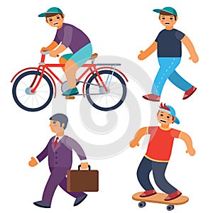 Set of men riding a bike, walking, skateboarding, going to work, isolated object on a white background, vector