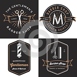 Set of men's barber shop logo, badges, label, tag design in vintage style. Shave and haircut banner.