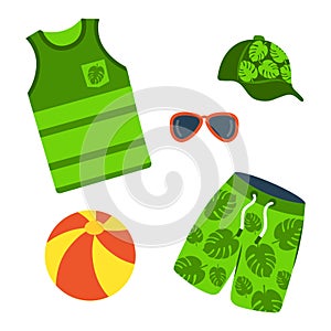 A set of men's beachwear. Shorts, T-shirt, sunglasses. summer clothing and accessories icons.