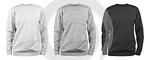 Set of men`s blank sweatshirt template - white, grey, black, natural shape on invisible mannequin, for your design mockup for pri