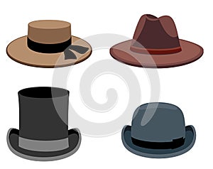 A set of men s hats. Vector collection of men s hats in flat style. olor illustration.