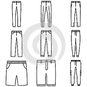 Set of men`s pants outlined icons in white background