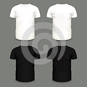 Set of men`s white and black t-shirts in front and back views.