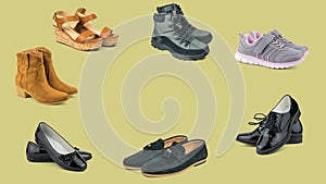 A set of men`s, women`s and children`s shoes on a light background