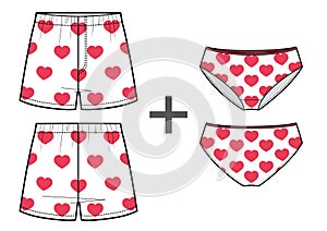 Set of men s and women s underwear with hears print.