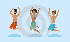 Set of men wearing bathing shorts and jumping to summer time