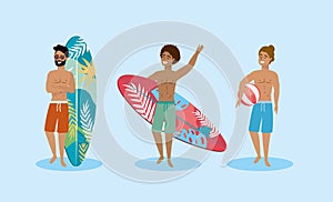 Set of men wearing bathing shorts with surfboard and ball