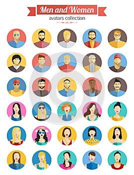 Set of Men and Women Avatars Icons. Colorful Male and Female Faces Icons Set. Flat Style Design with long shadows.