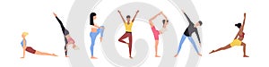 A set of men and women doing exercises. People involved in sports, yoga exercises, fitness. Healthy lifestyle. Flat style. Vector