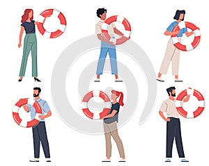 Set of men and women with life preservers in their hands. Help and safety symbol. Lifebuoy in people hand. Support in