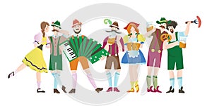 Set of men and women at Octoberfest. Characters in national costumes. Vector flat illustration for restaurant or bar
