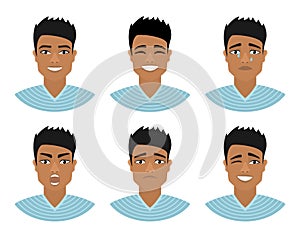 Set of mens avatars expressing various emotions: joy, sadness, laughter, tears, anger, disgust, cry.